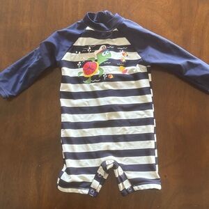 UP AND FAST EUC BOYS NAVY WHITE STRIPES BABY SWIMSUIT SUMMER SWIM SZ 9 12 MONTHS